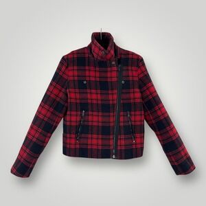 Gap Jacket Womens‎ Medium Red Plaid Wool Blend Moto Biker Zip Pockets Cropped